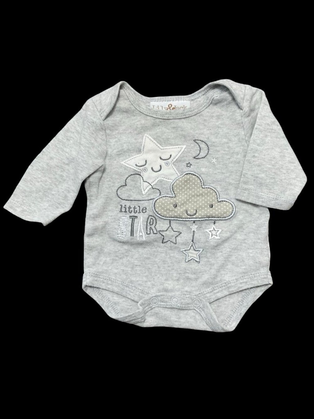 👣 5/$25 - Grey Long Sleeve "Little Star" Onesie w/ Star & Cloud Appliques